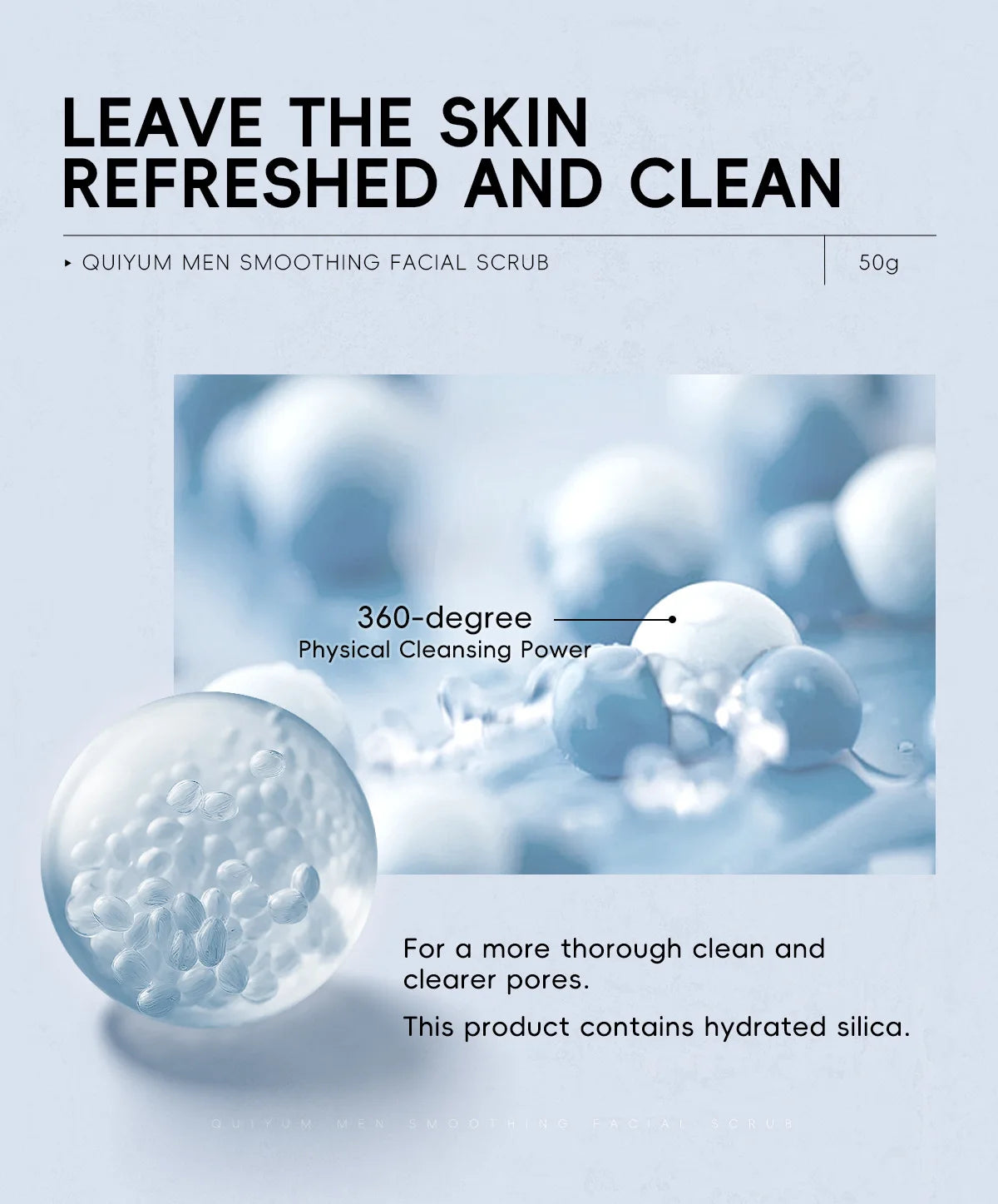 Men's facial scrub concept with cleansing bubbles and a 50 g reference