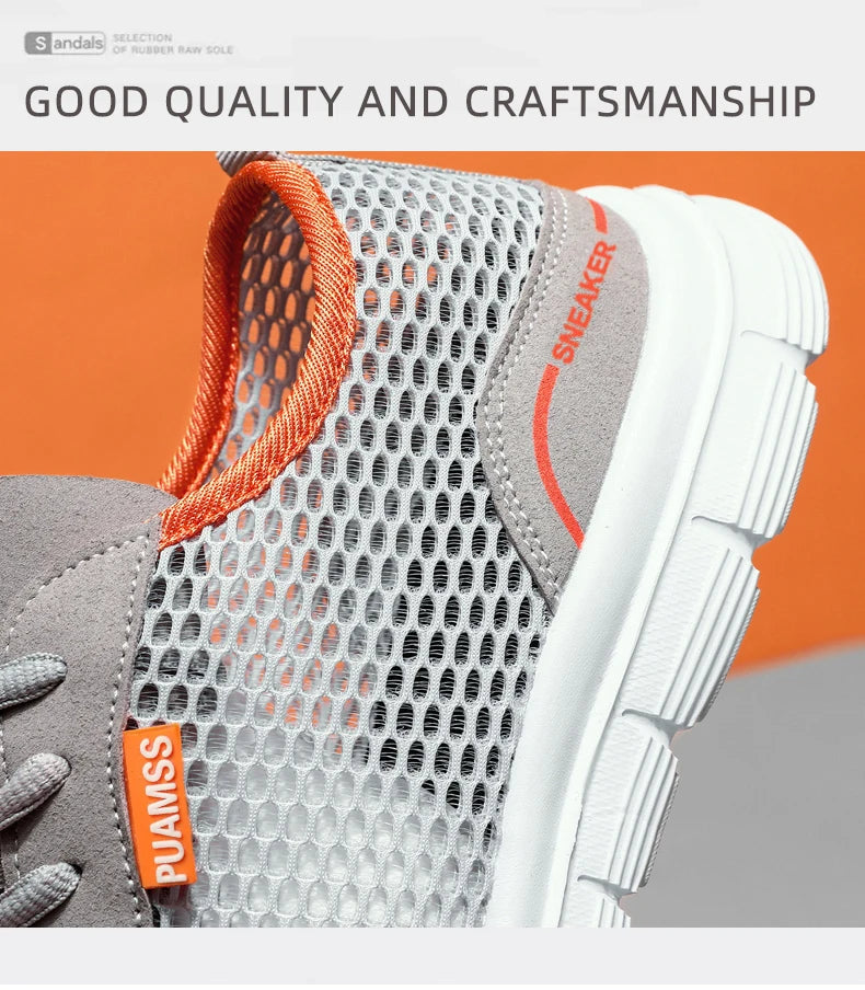 Gray mesh sneaker with orange inner lining, lace-up front, white tread sole