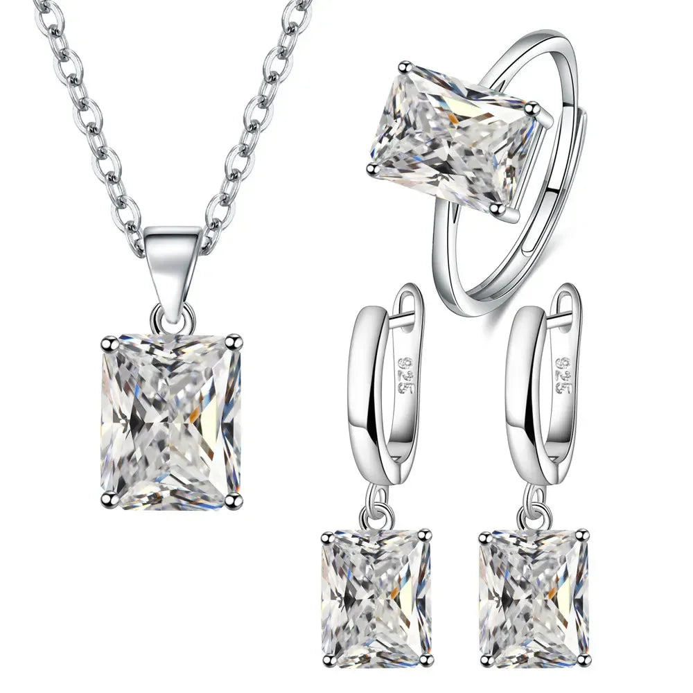 925 Sterling Silver  Elegant Jewelry Sets Ring Earrings Necklace For Women Rectangle Geometry Zircon Wedding Accessories K's Collection Store