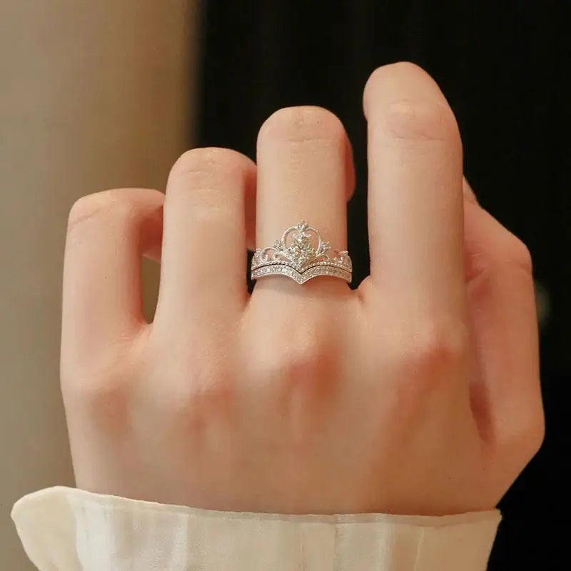 2PCS Fairy Sparkling Crown Rings for Women Teen Crystal Korean Adjustable Silvery Anniversary Gift Party Queen Ring Set Jewelry K's Collection Store