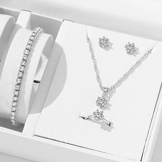 5Pcs Elegant Crystal Jewelry Set Zirconia Ring Necklace Bracelet Earrings Simple Set Jewelry Fashion Versatile Trendy Jewelry K's Collection Store