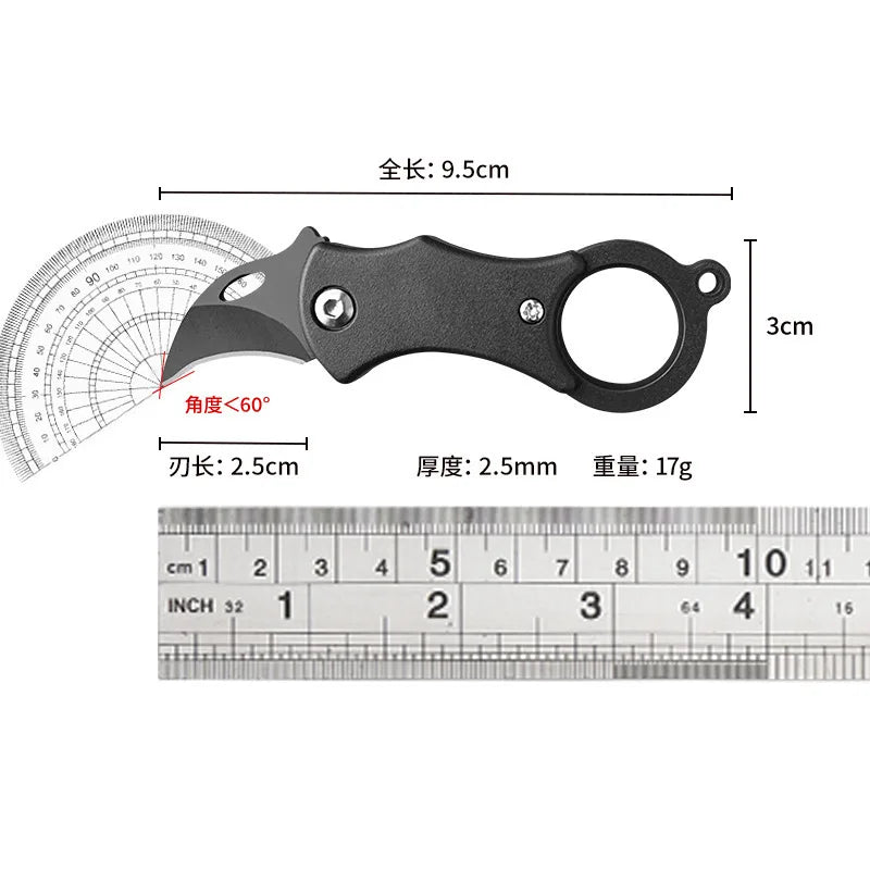 Black mini folding pocket knife with keychain ring, shown with size dimensions