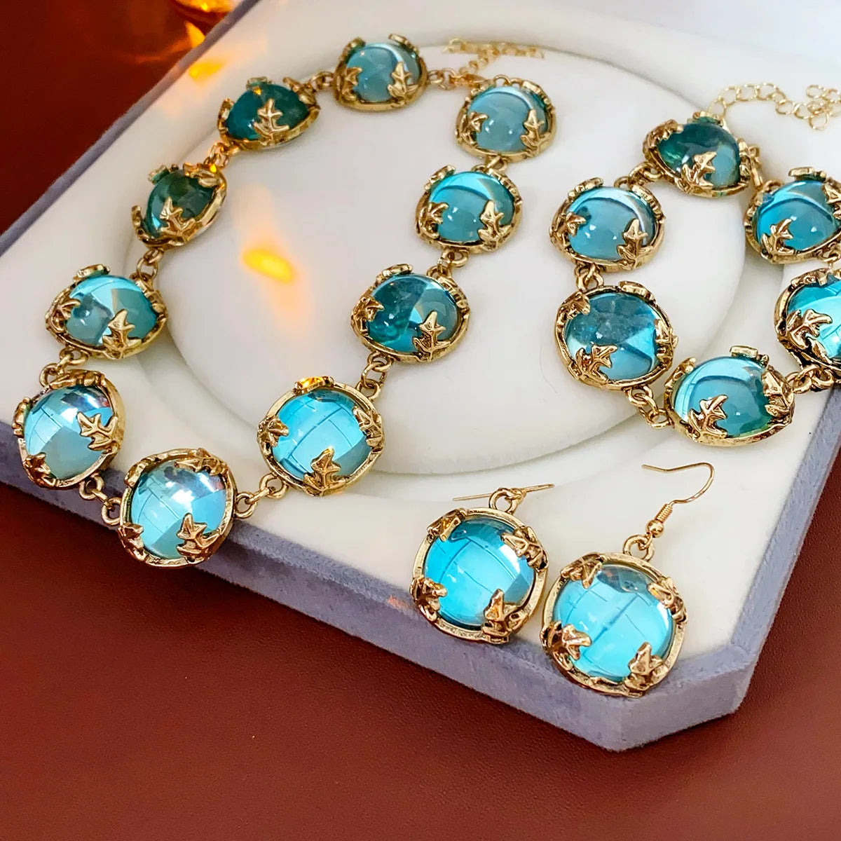 Vintage Fashion Wedding Jewelry Sets for Women Light Luxury Round Resin Necklace Versatile High-end Earring Bracelet K's Collection Store