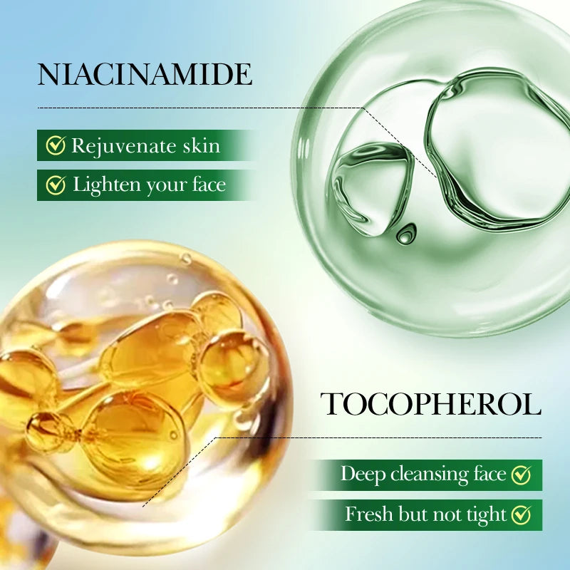 Skincare ingredient infographic showing Niacinamide and Tocopherol for cleansing and softness