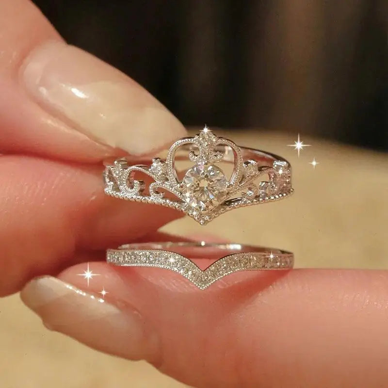 2PCS Fairy Sparkling Crown Rings for Women Teen Crystal Korean Adjustable Silvery Anniversary Gift Party Queen Ring Set Jewelry K's Collection Store