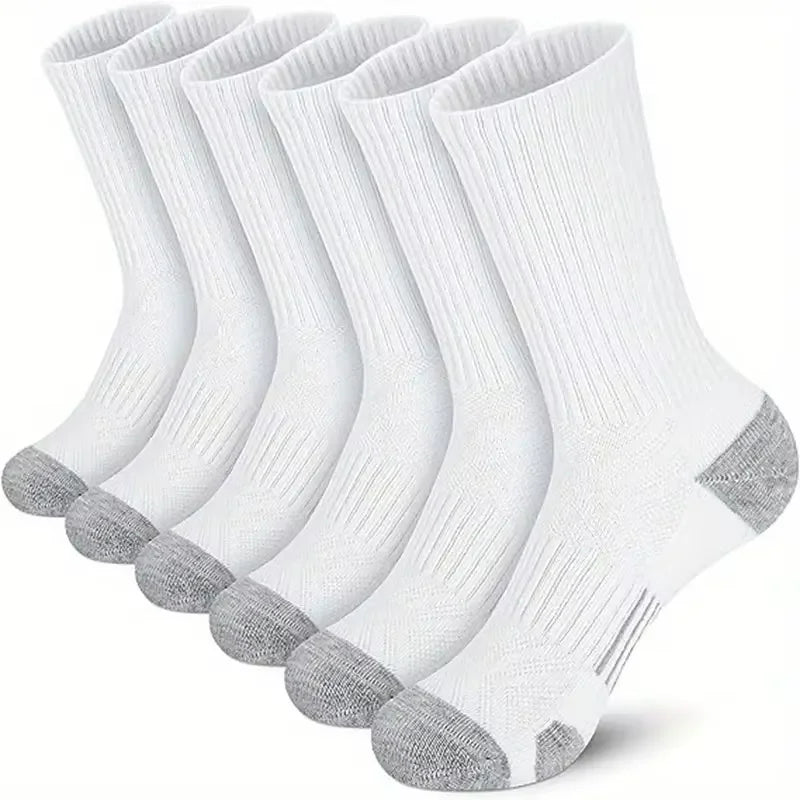 Men's solid white crew socks with gray toe and heel, 6 pairs