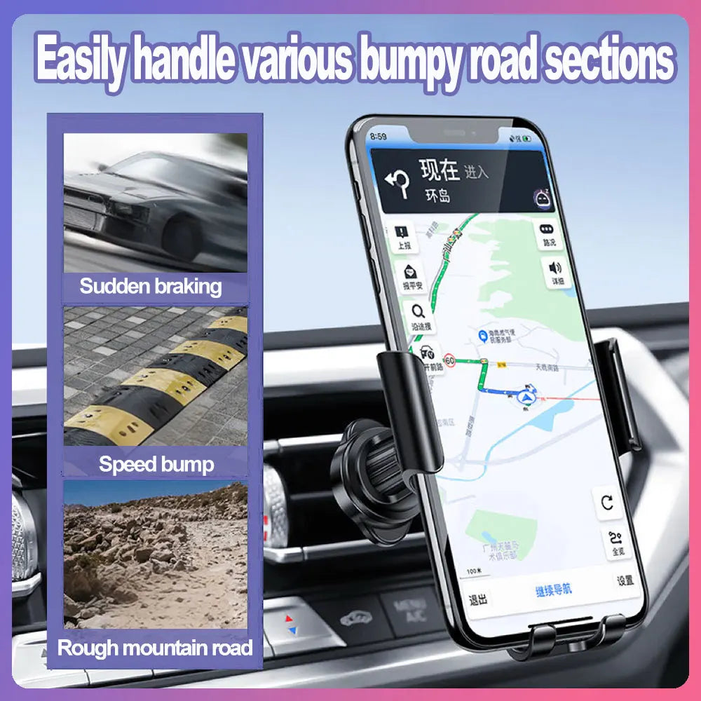 Black phone mount clipped to car air vent, holding a smartphone in place