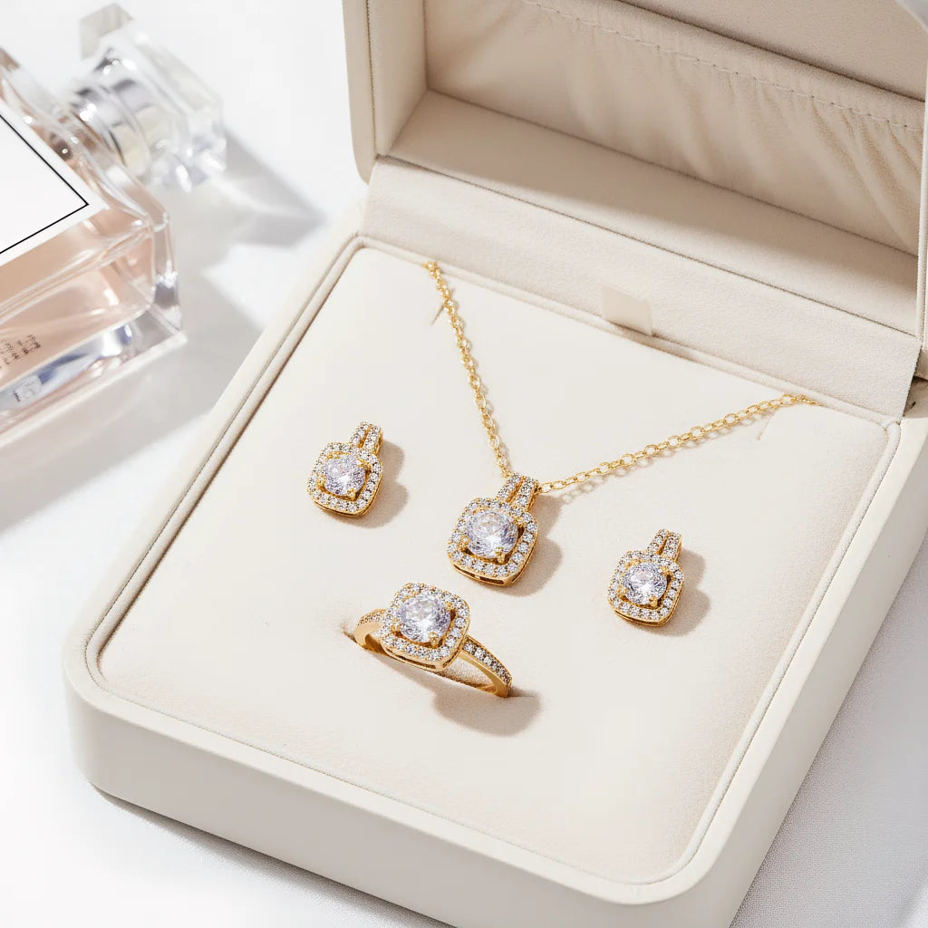 4pcs Elegant Vintage Jewelry Set for Women Luxurious Zircon Inlay Necklace Shiny Crystal Choker Bridal Wedding Earrings Party K's Collection Store