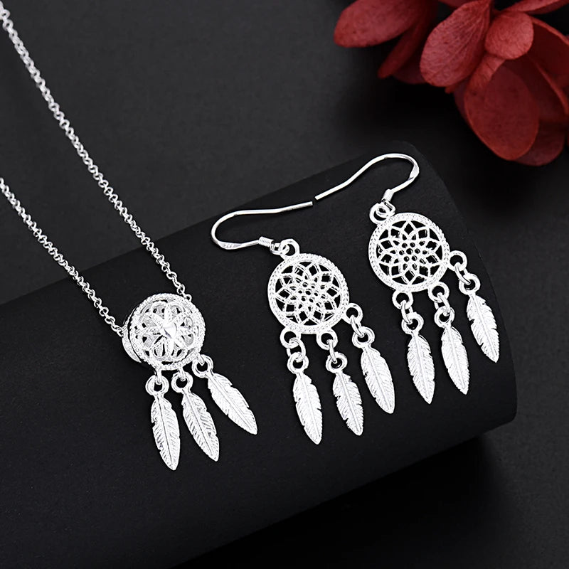JewelryTop Fine 925 Sterling Silver Charm Necklace Earring Jewelry for Women Retro Set Wedding Gift TRENDY K's Collection Store
