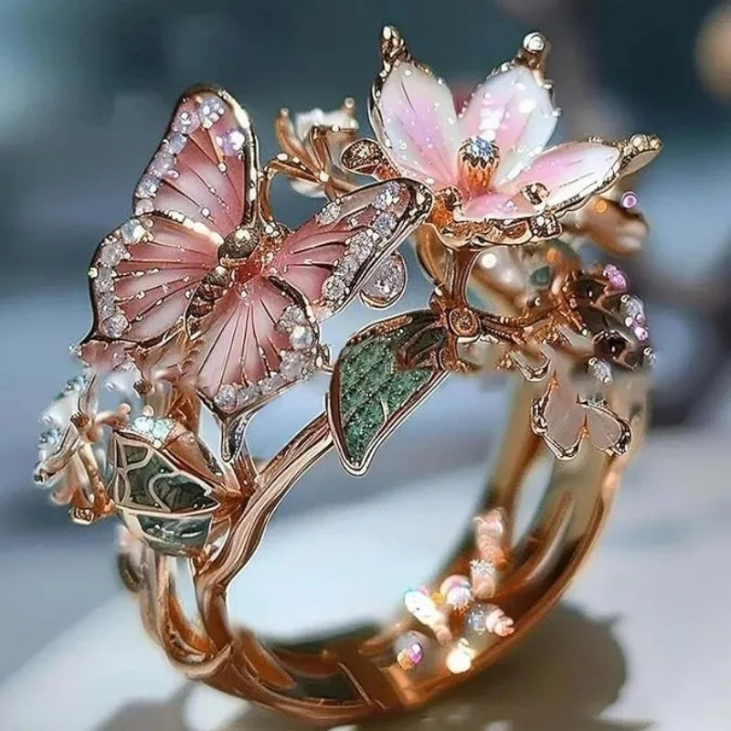 Aesthetic Flower Butterfly Rings for Female Romantic Rhinestone Stylish Non-fading Opening Ring Women Wedding Jewelry Party Gift K's Collection Store
