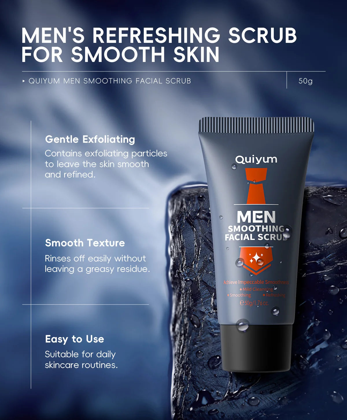 Men's moisturizing smoothing facial scrub tube, dark blue with orange label, 50 g