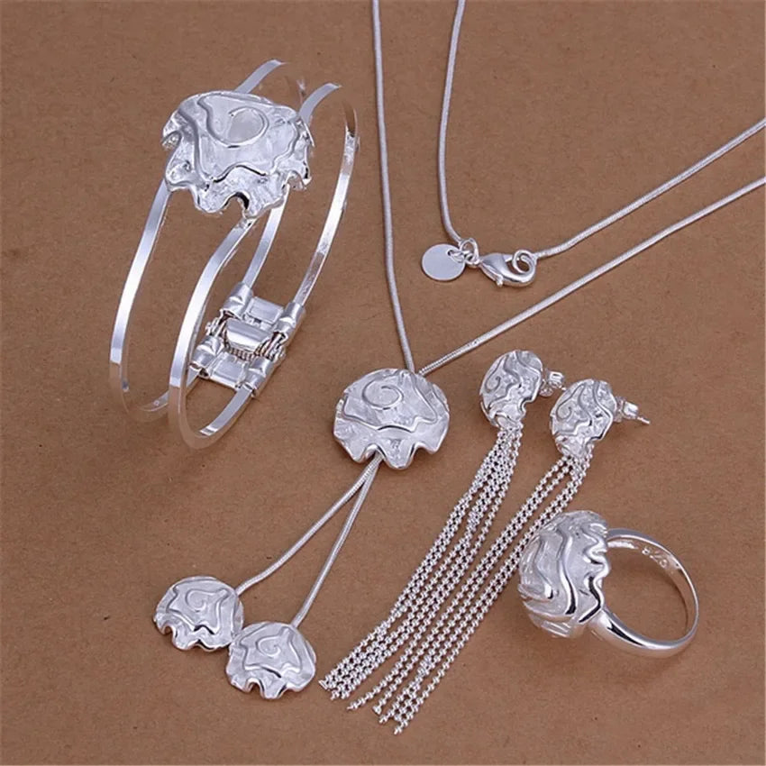 Charm women 925 sterling Silver Jewelry set fine rose flower bangle Bracelets rings necklaces earring stud Party gifts K's Collection Store