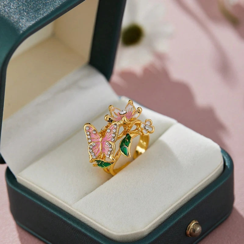 Aesthetic Flower Butterfly Rings for Female Romantic Rhinestone Stylish Non-fading Opening Ring Women Wedding Jewelry Party Gift K's Collection Store