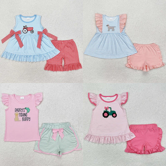 Toddler girls summer shorts set, blue striped dress top with animal embroidery and pink shorts