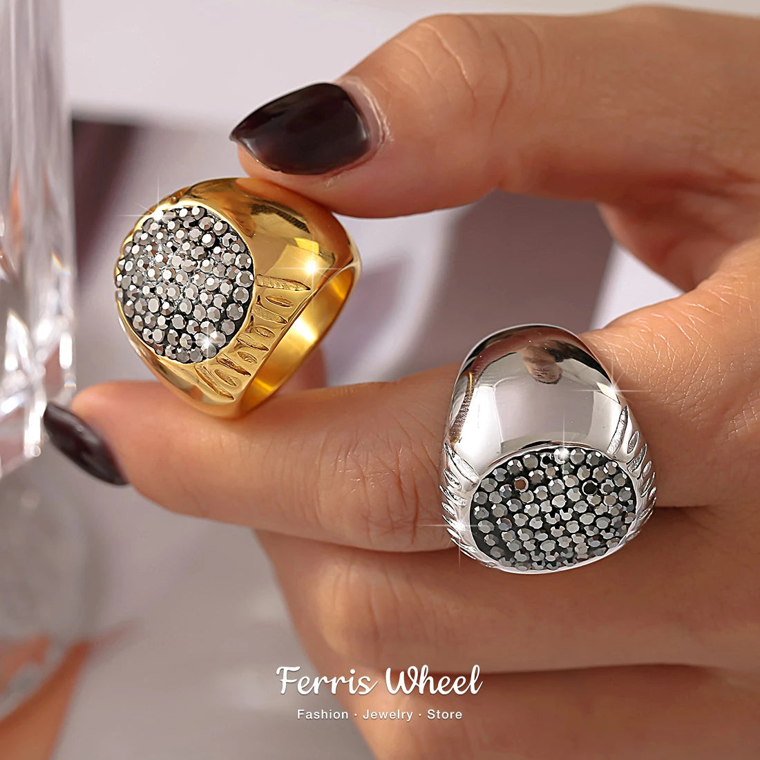 Luxury Shiny Rhinestones Beautiful Rings for Women Gold Plated Waterproof Stainless Steel Ring Exaggerate Finger Jewelry Gift K's Collection Store