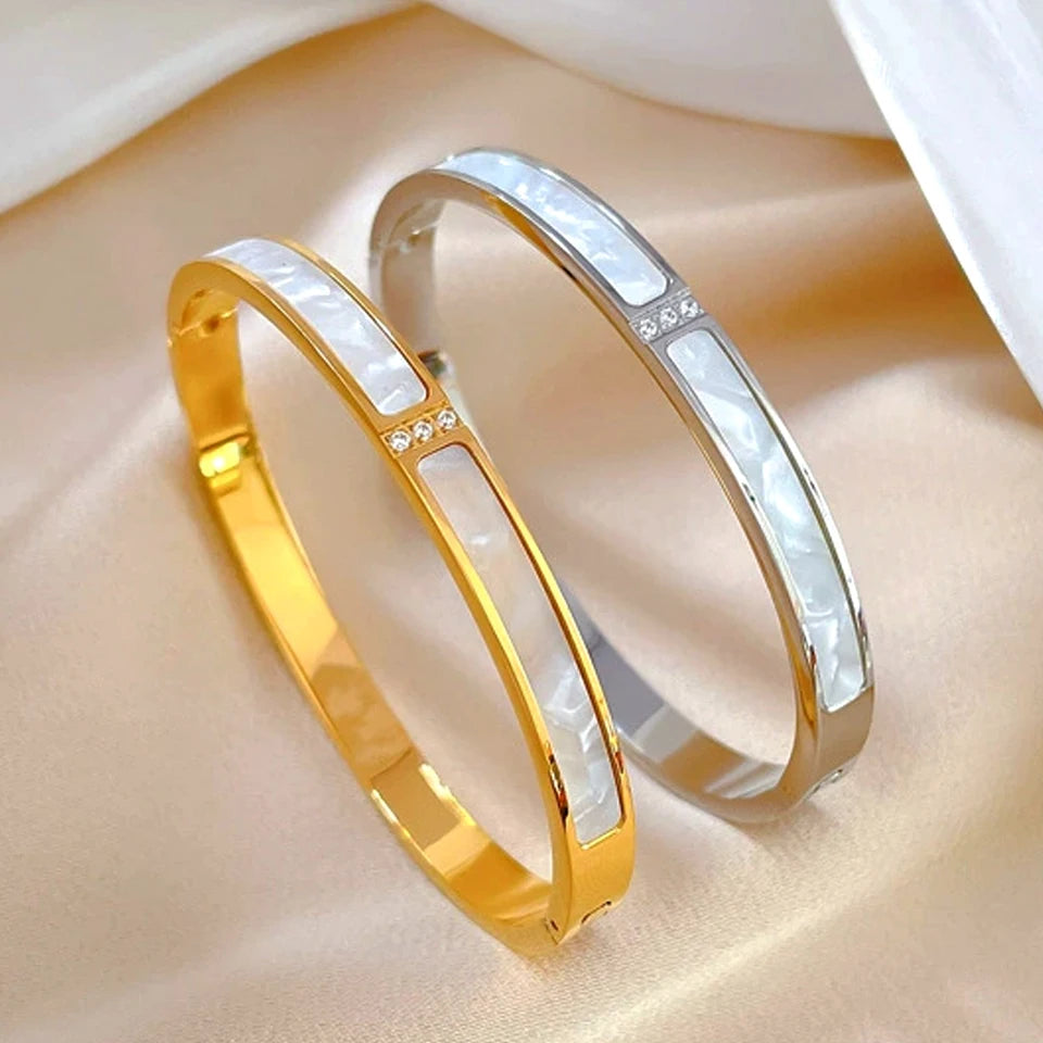 Yupsk Titanium Steel Gold Color Shell Zircon Open Bracelet Bangles Luxury Sparkling CZ Waterproof Jewelry K's Collection Store