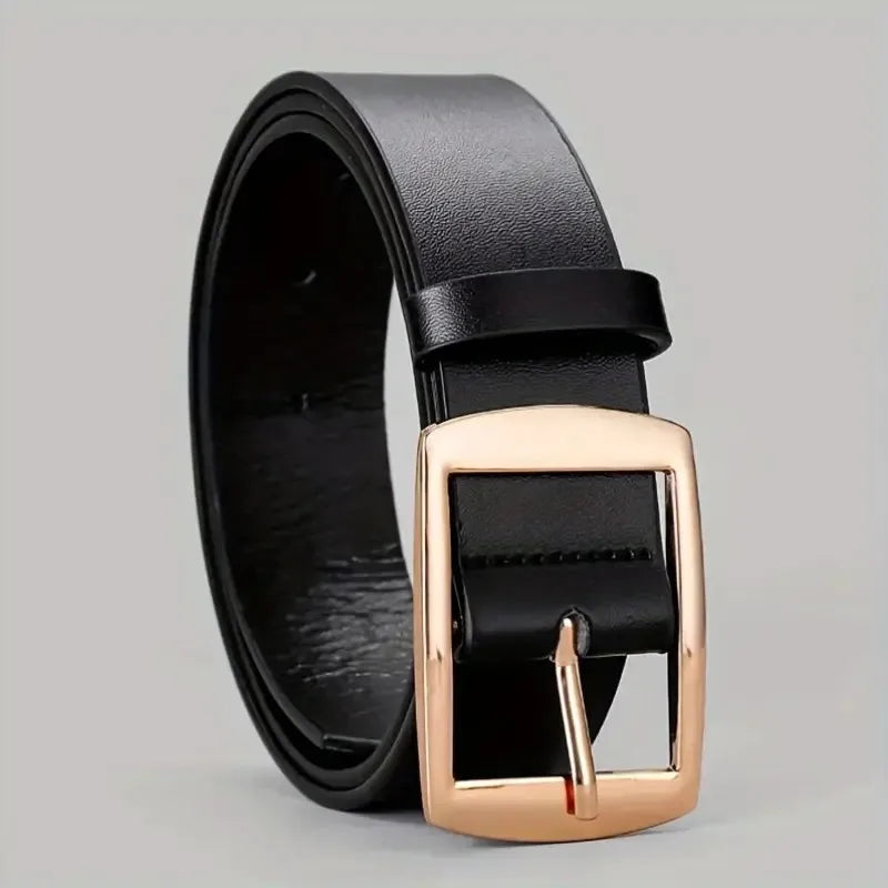 Men's PU leather belt in black with rose-gold square buckle and pin closure
