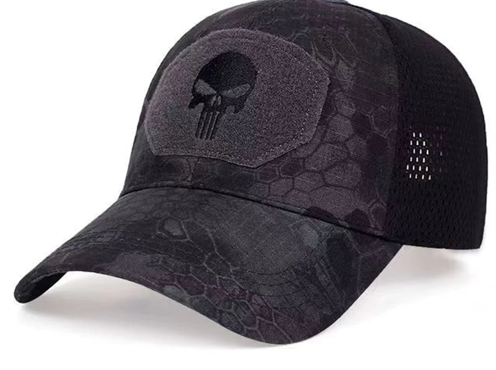 Dark purple camo skull baseball cap with textured panel and mesh side