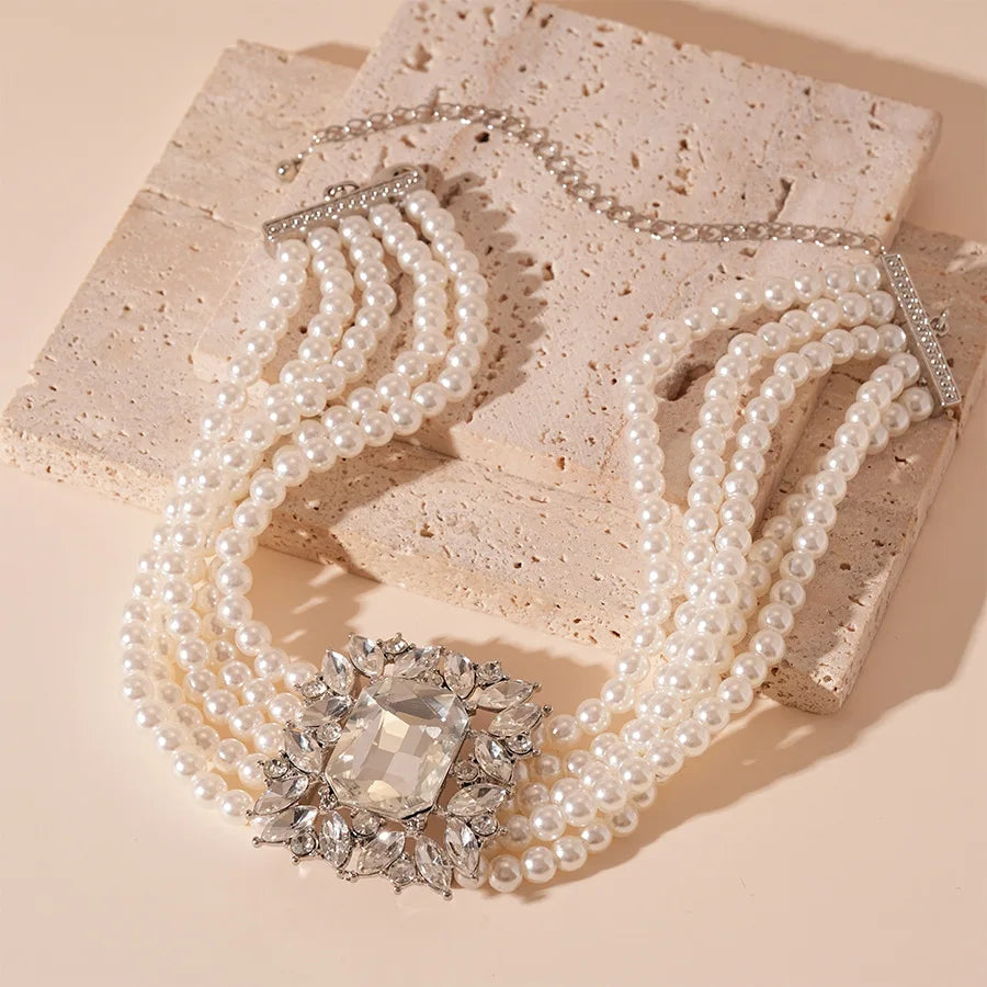 Elegant Costume Jewelry Set Wedding Large Crystal Earrings Multi Strand Bracelet and Imitation Pearl Choker Necklace for Women K's Collection Store