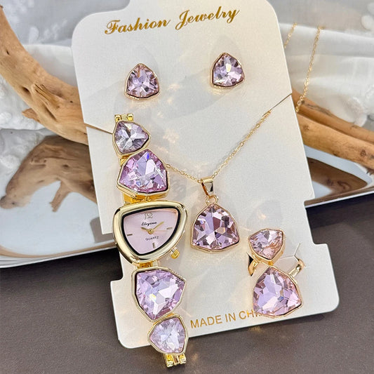 Luxury Ladies Quartz Watch  Colorful Diamond Irregular Shape Necklace Ring Earrings Jewelry Set Four-Piece Gift Set Trendsetter K's Collection Store