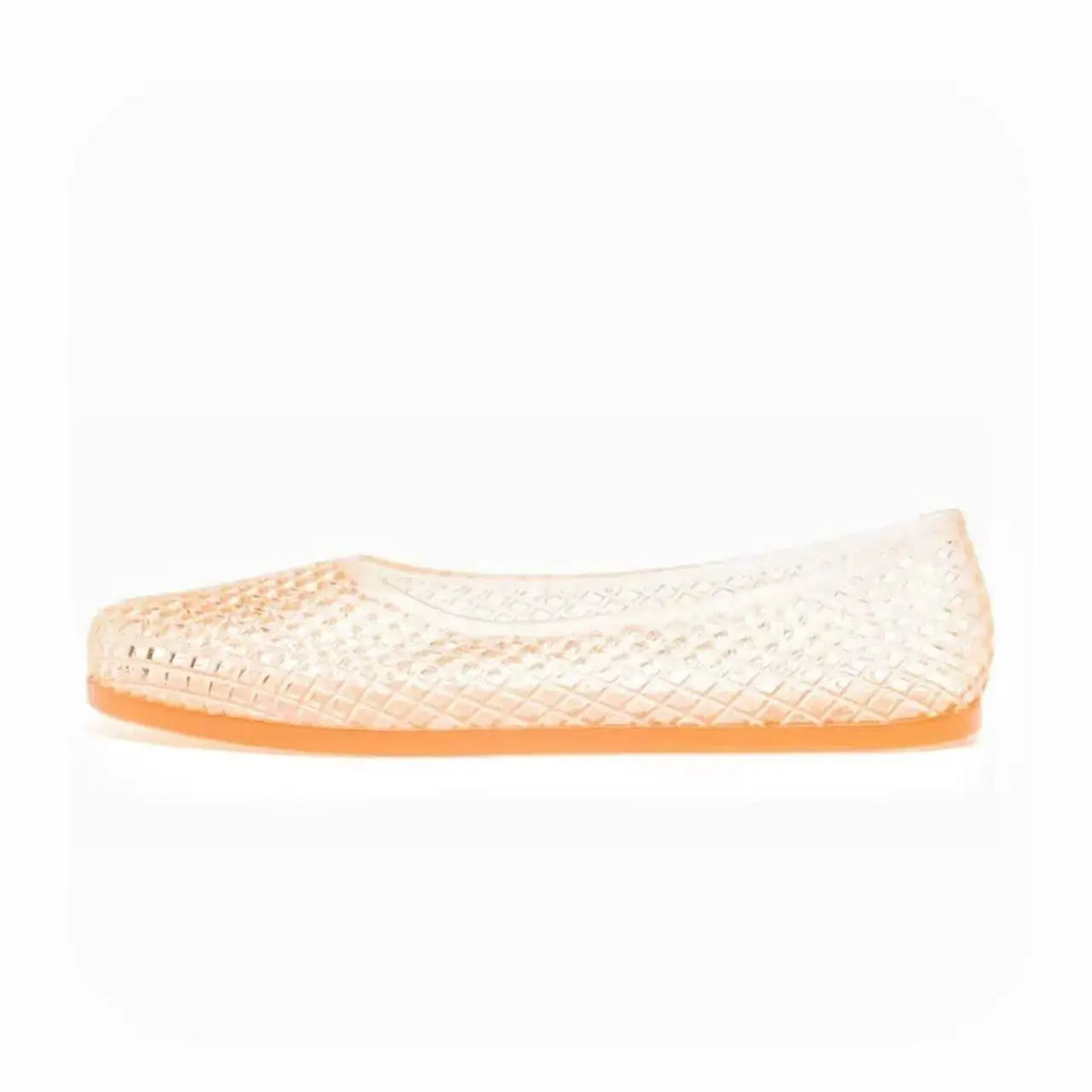 Light beige jelly flats with woven upper and orange rubber sole