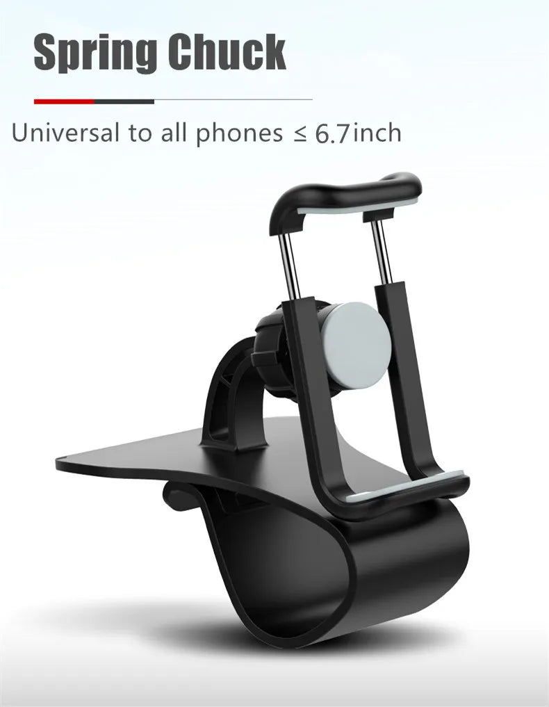 Black dashboard car phone mount with spring chuck and adjustable phone holder