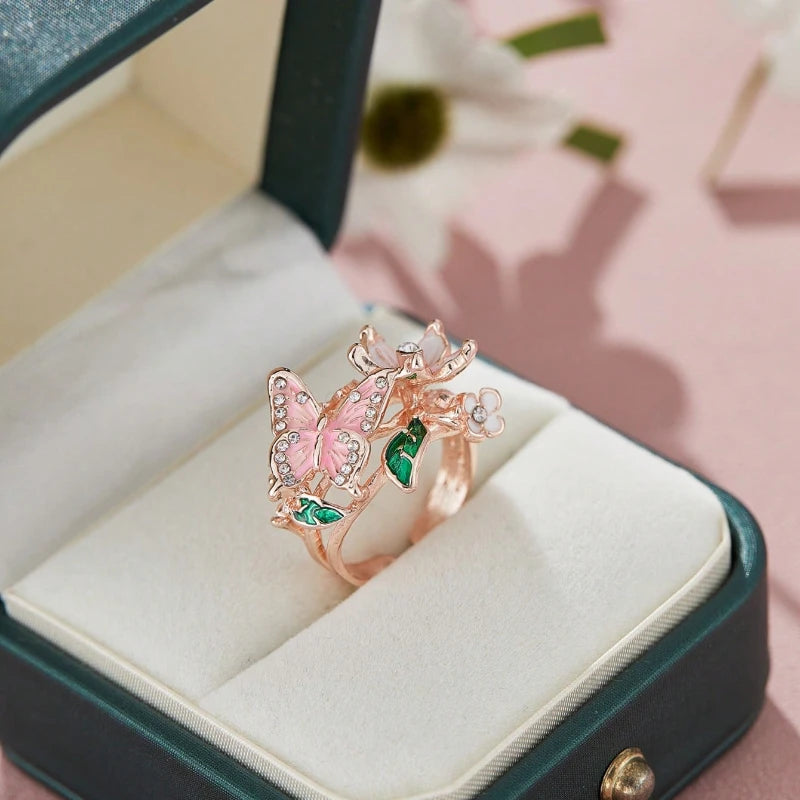 Aesthetic Flower Butterfly Rings for Female Romantic Rhinestone Stylish Non-fading Opening Ring Women Wedding Jewelry Party Gift K's Collection Store