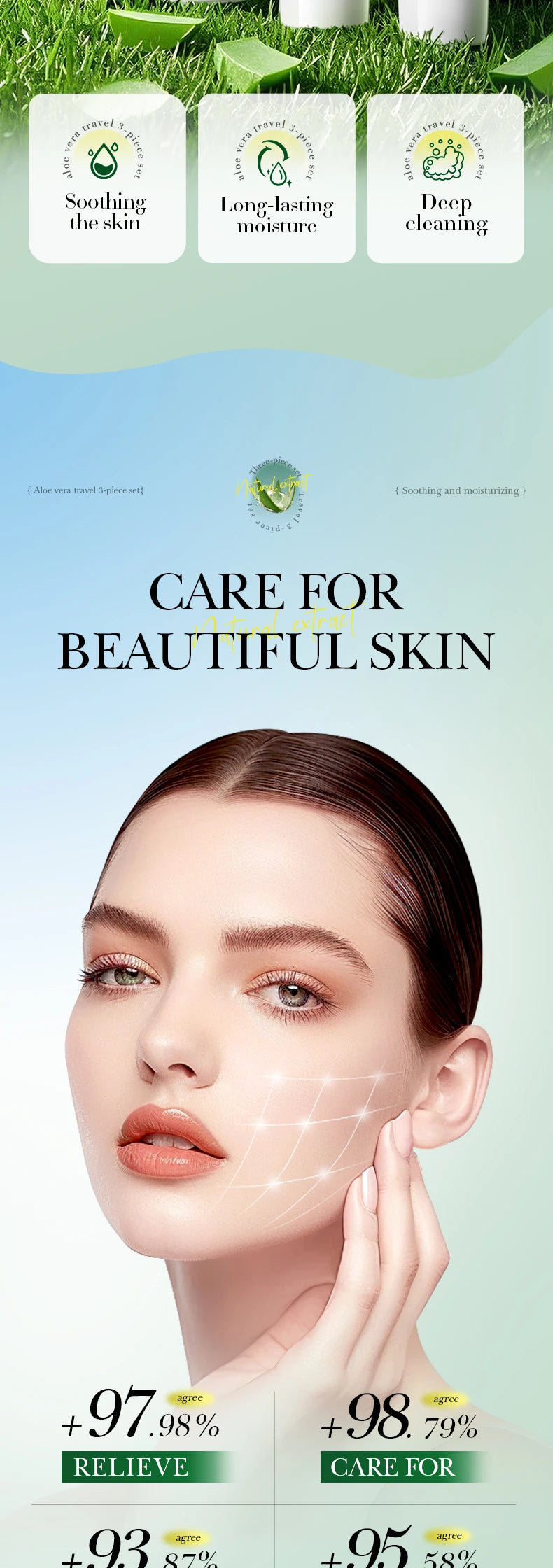 Aloe vera facial care set marketing with skincare tubes and woman face portrait