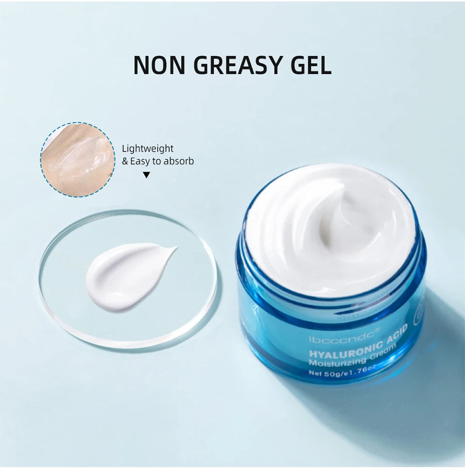 Moisturizing gel cream jar with white gel swatch on a glass dish
