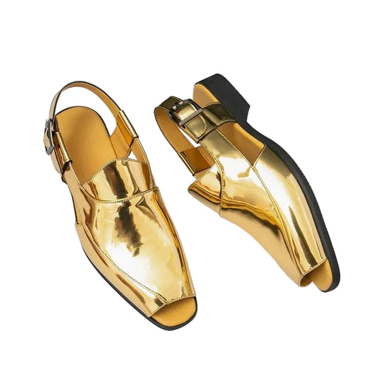 Gold metallic leather sandal with adjustable buckle ankle strap, open toe