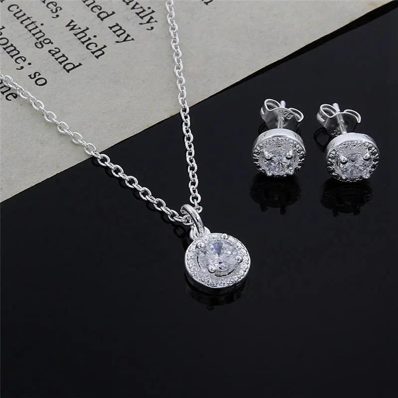 4pcs Jewelry Set Necklace Ring Earrings Female Models Light Luxury Style Brass With Zirconia Bright Silver Plated Jewelry K's Collection Store
