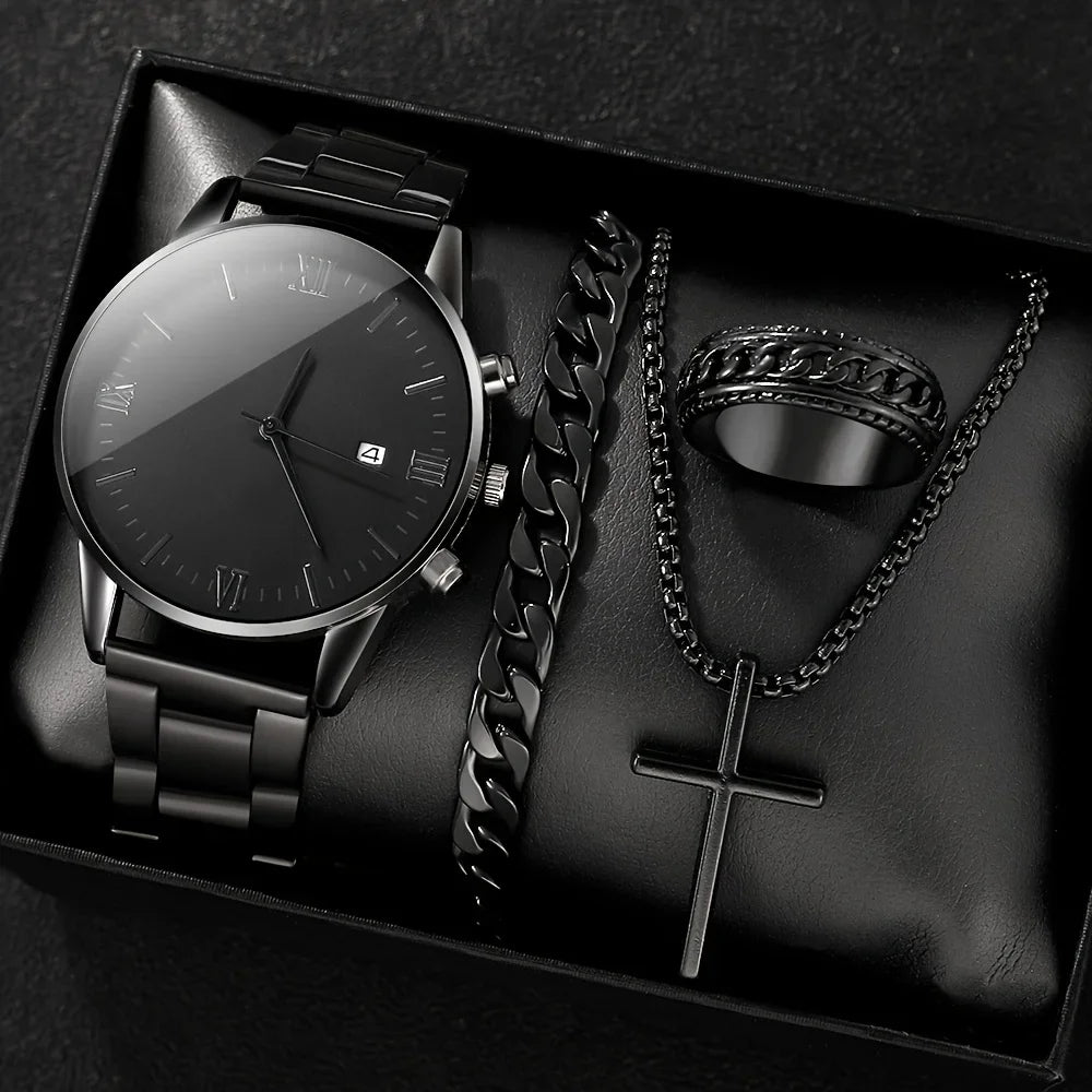 Men's Black Minimalist Quartz Watch Set with Link Necklace & Ring K's Collection Store