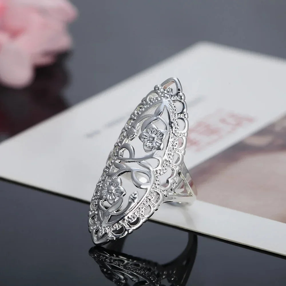 Cute nice 925 Sterling Silver fine Retro Hollow wide flower Rings For Women Fashion Party Charm wedding  Jewelry Gifts K's Collection Store