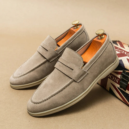 Dark khaki nubuck slip-on loafers with square strap and moc toe stitching
