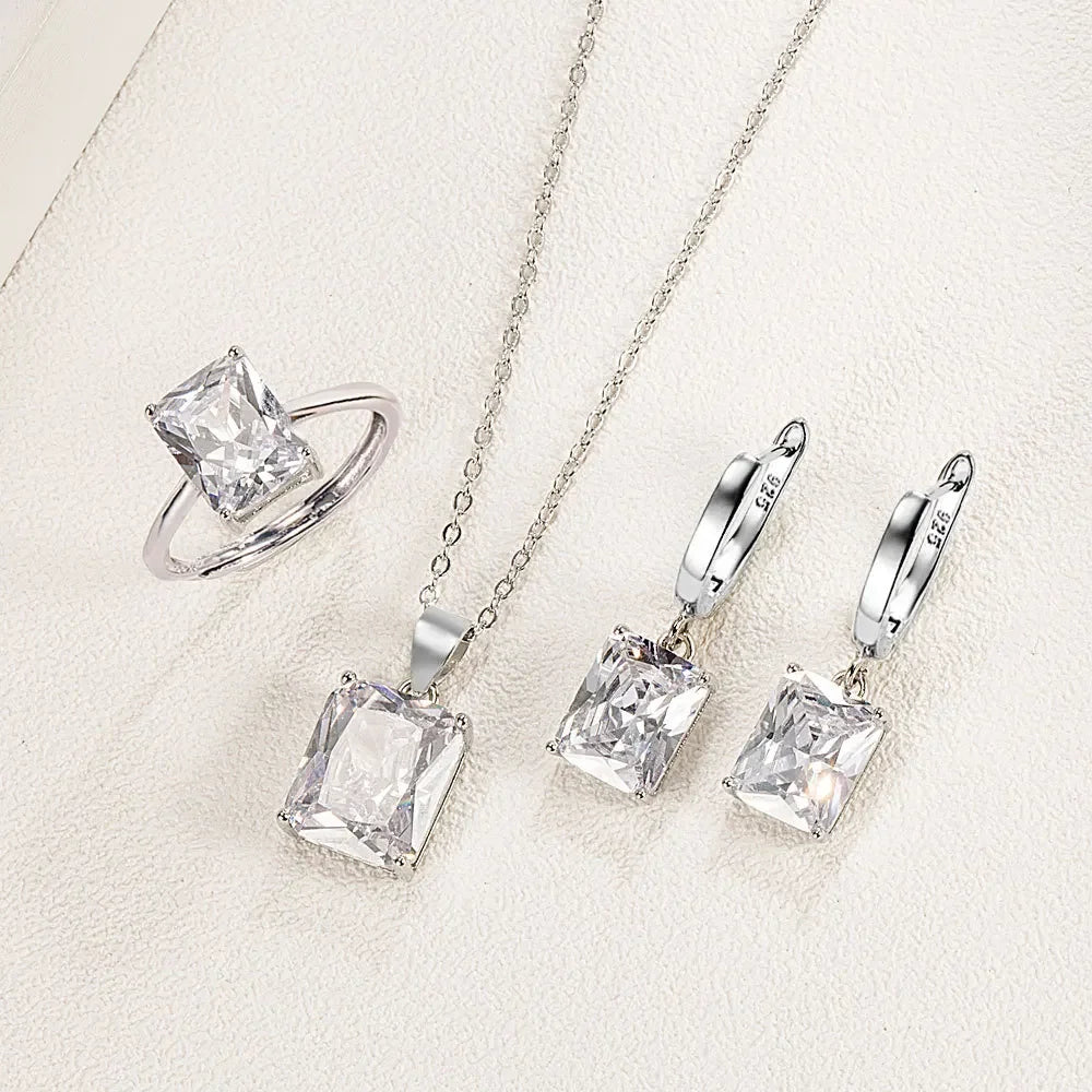 925 Sterling Silver  Elegant Jewelry Sets Ring Earrings Necklace For Women Rectangle Geometry Zircon Wedding Accessories K's Collection Store