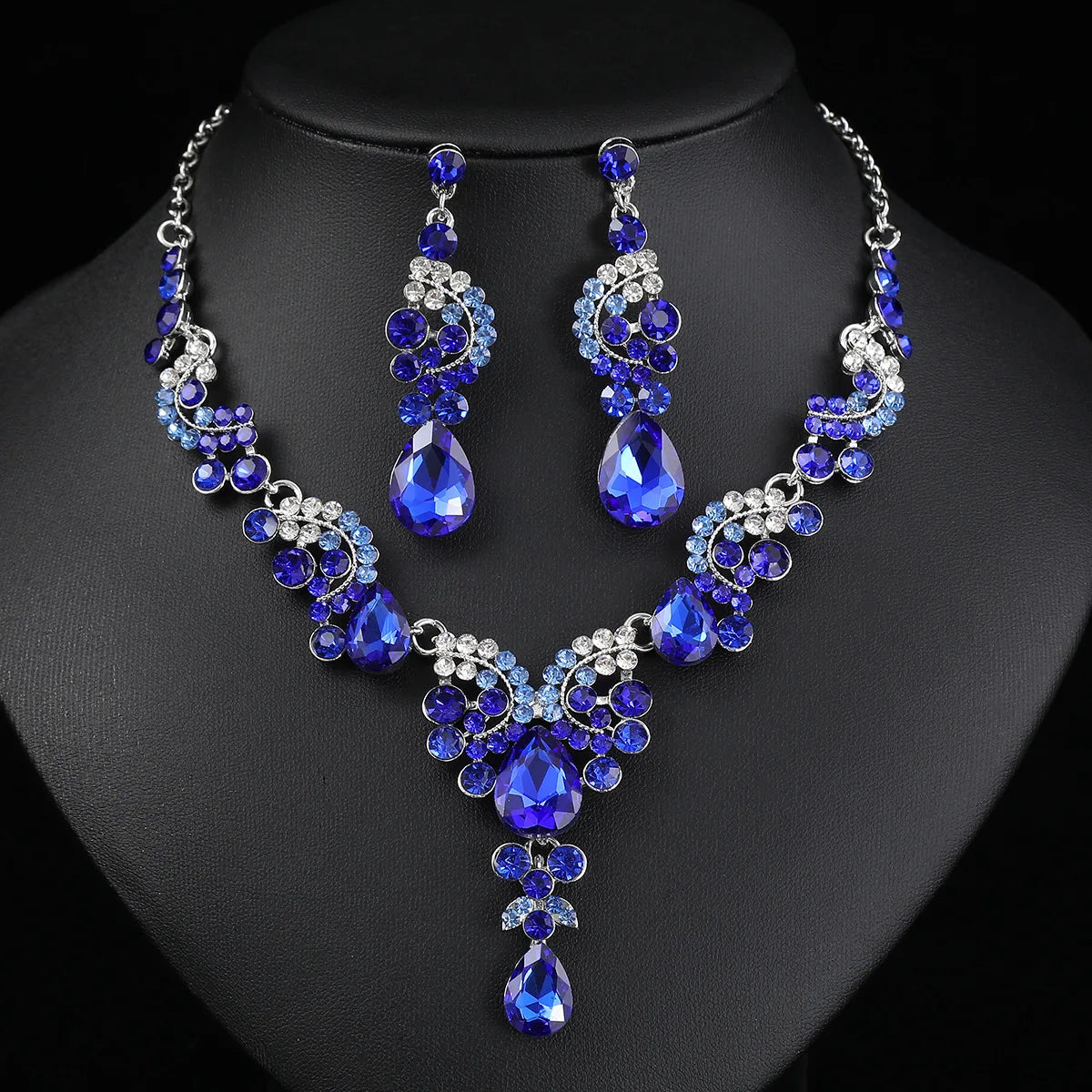 2pcs/set Jewelry Sets Women Blue Elegant Waterdrop Rhinestone Pendant Necklace stud Earrings Wedding Dress Bridal Jewelry Set K's Collection Store