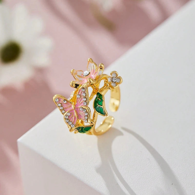 Aesthetic Flower Butterfly Rings for Female Romantic Rhinestone Stylish Non-fading Opening Ring Women Wedding Jewelry Party Gift K's Collection Store