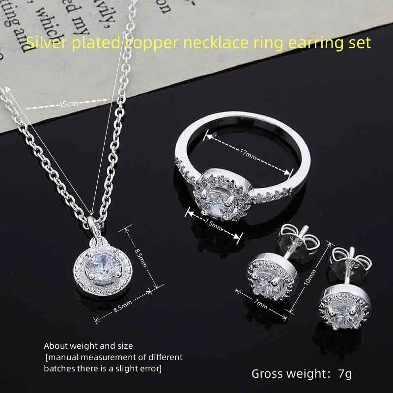 4pcs Jewelry Set Necklace Ring Earrings Female Models Light Luxury Style Brass With Zirconia Bright Silver Plated Jewelry K's Collection Store