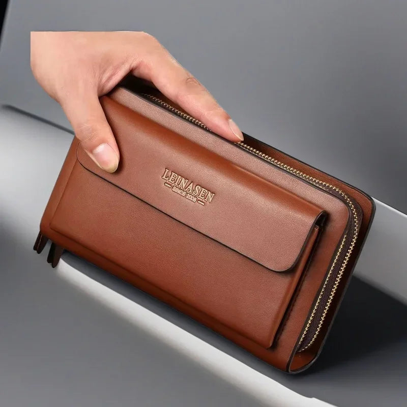 Brown leather-look wallet clutch with double zipper, front flap pocket