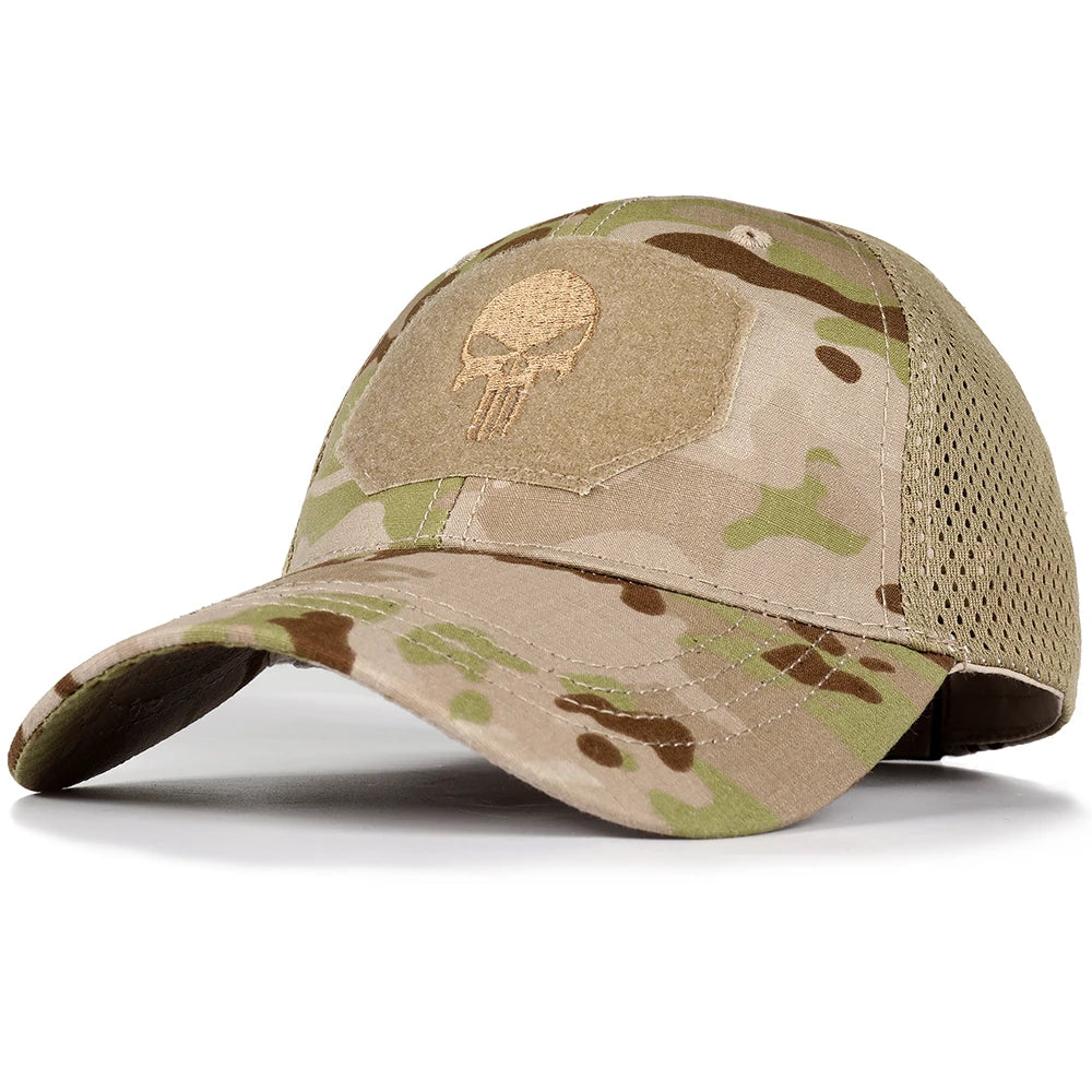 Tan camouflage baseball cap with tan skull emblem patch and breathable mesh sides