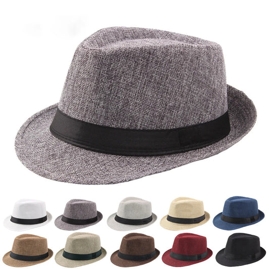 Gray wide brim straw fedora with black band and pinched crown