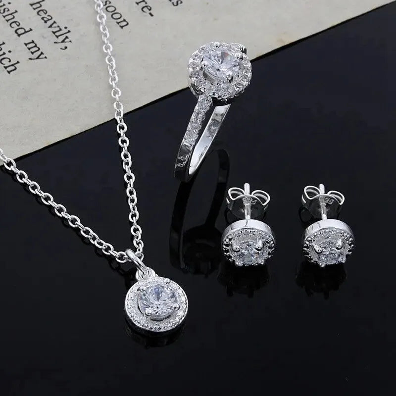 4pcs Jewelry Set Necklace Ring Earrings Female Models Light Luxury Style Brass With Zirconia Bright Silver Plated Jewelry K's Collection Store