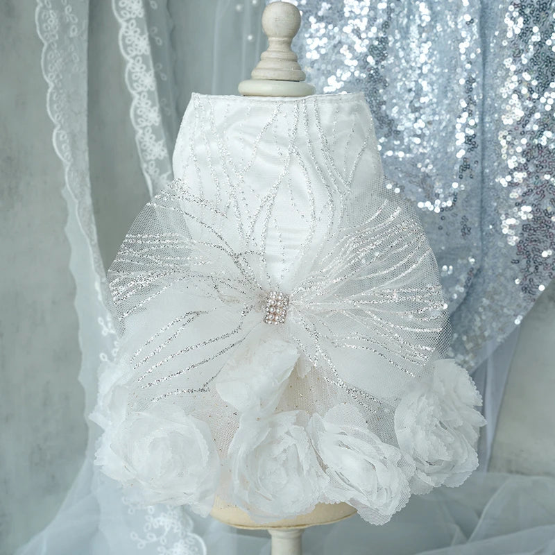 Luxury Designer Puppy Dress for Bride White Pink Girl Dog Wedding Outfit Formal Costume with Lace Rose Flower Small Dog Clothing K's Collection Store