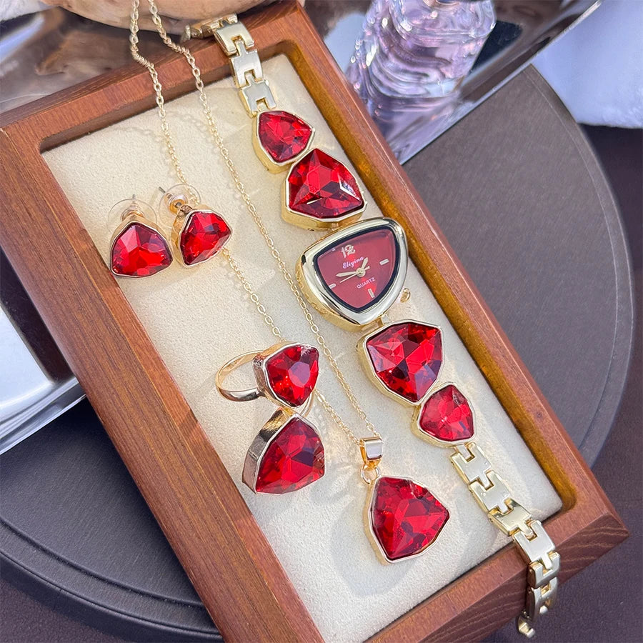 Luxury Ladies Quartz Watch  Colorful Diamond Irregular Shape Necklace Ring Earrings Jewelry Set Four-Piece Gift Set Trendsetter K's Collection Store