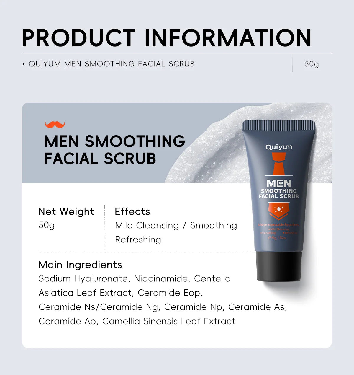 Quiyum MEN smoothing facial scrub 50 g tube with ingredients and effects panel