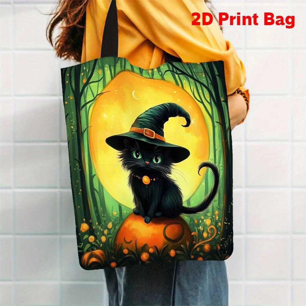 1pc Halloween Witch Cat Tote Bag  Reusable Grocery Handbag with Witch Hat Polyester Shopping Holiday Festivities Shoulder Bag K's Collection Store