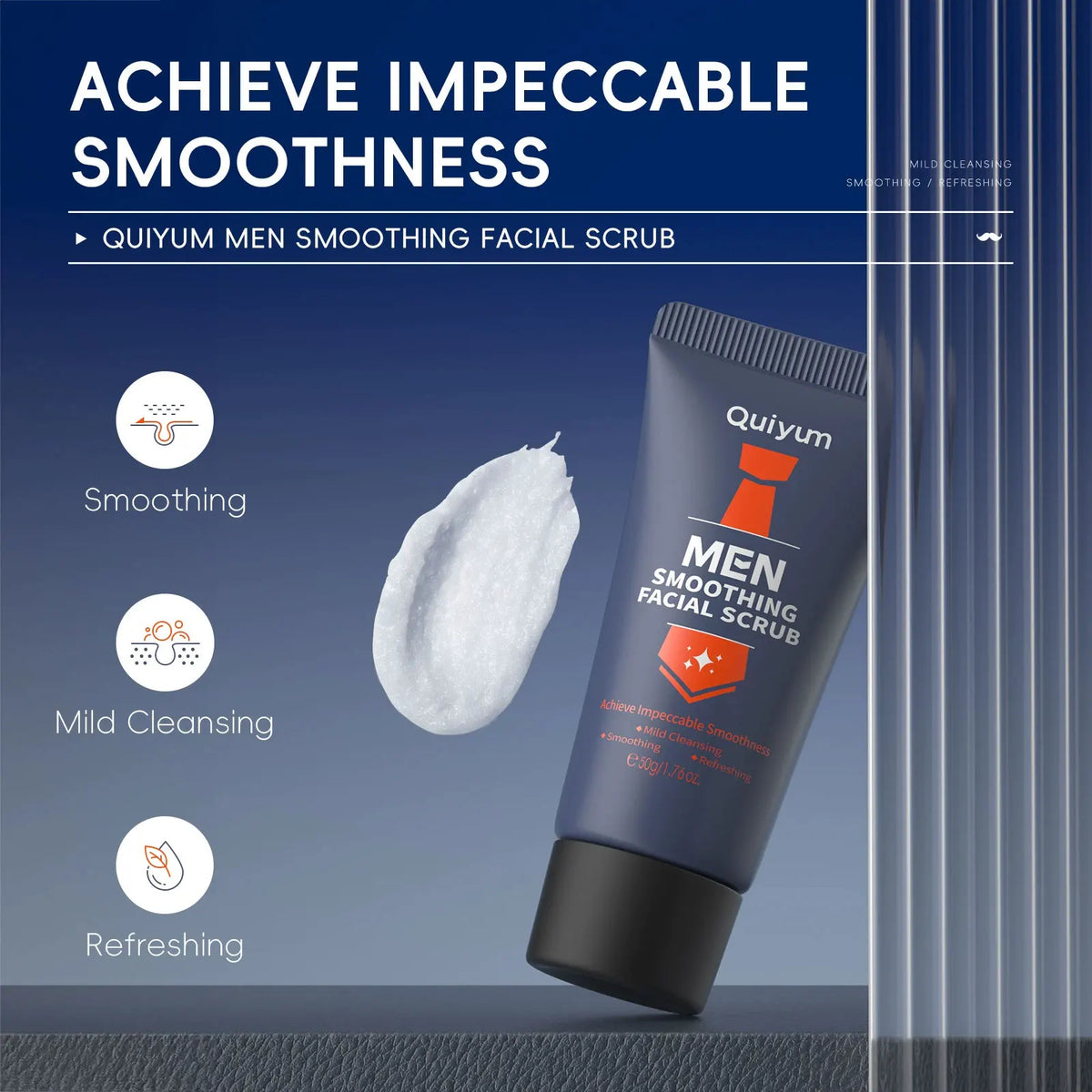 Quiyum MEN smoothing facial scrub tube with a white cream smear