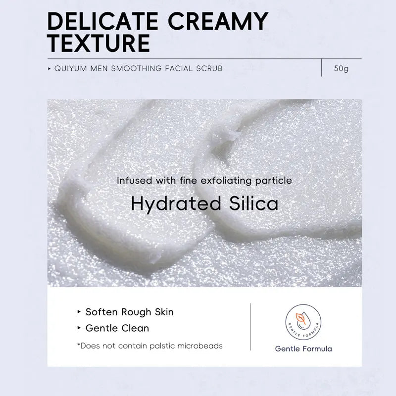 Creamy facial scrub texture with fine exfoliating particles; Quiyum MEN tube pictured