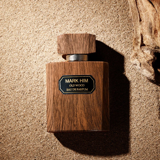 Wood-grain MARK HIM Old Wood eau de parfum bottle with metal cap