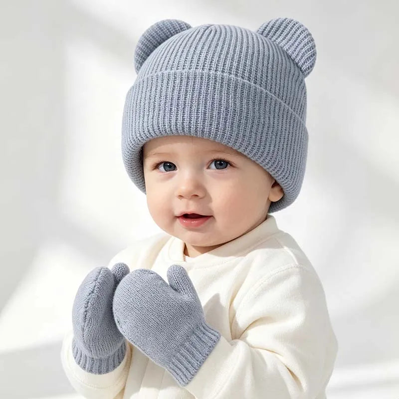 Winter Kids Hat Gloves Set Cute Bear Ear Beanie for Boys Girls Warm Kintted Earflap Hats Solid Color Mittens 6M-3Y K's Collection Store